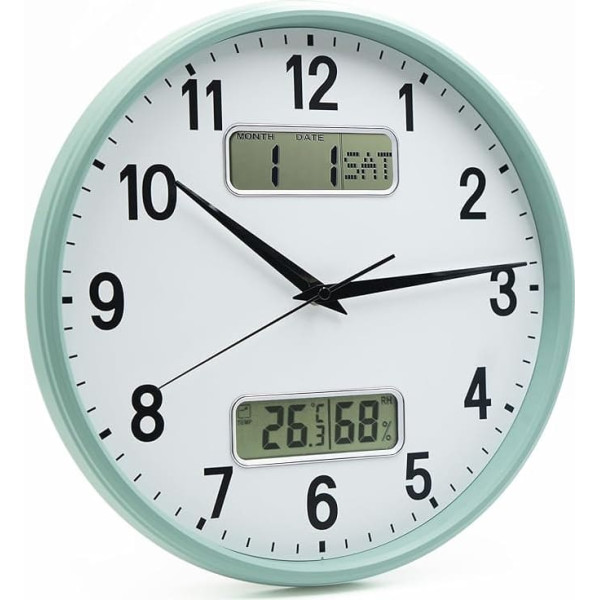 HZDHCLH 33 cm Radio-Controlled Digital Clock, Display of Temperature, Humidity, Calendar, Modern Design, Suitable for Home, Office, School (Mint Green)