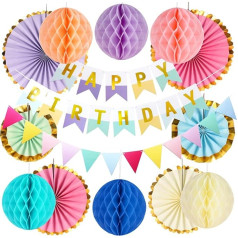 Pastel Birthday Party Decorations for Girls Women, Happy Birthday Banner Hanging Paper Fans, Happy Birthday Bunting Decorations Set for Birthday Party Decoration Supplies