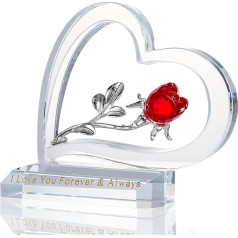 Crystal Heart Rose Gifts for Women Etched I Love You Forever & Always Ruby Glass Flower Ornament with Metal Stem Collectible Figurine for Home Wedding Decoration (Red)