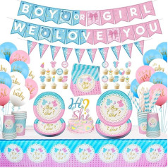 LSJDEER Baby Gender Reveal Party Supplies - Boy or Girl, We Love You Banner, Tablecloth, Cake Lid, Balloons, Plates, Napkins Cups, Straw, 25 Guests - 202 Pieces