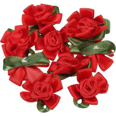 PATIKIL Mini Satin Ribbon Roses 20 Pieces Small Fabric Flowers with Green Leaves for Craft Projects Embellishments Applique Red