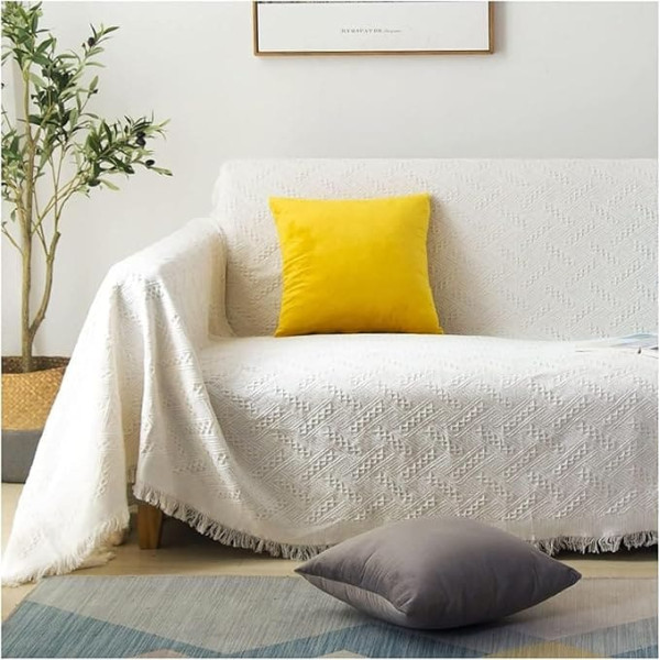 ANAZOZ 4 Seater Sofa Cover White Cotton Geometric Pattern 230 x 275 cm