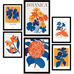 Nacnic Set of 6 Flower Posters. Life in Orange. Nature and Botany Prints for Interior Design and Decoration. A3 & A4 Black Frames.