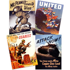 Artery8 US Military World War 2 Army United Seabees Tank Mr Peanut Home Decor Premium Wall Art Poster Pack of 4 Military World War Army Tank Home Decoration Wall