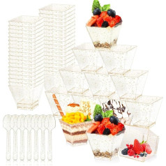 ASelected Mini Dessert Cups Plastic with Spoons 60ml/2oz Small Square Gold Shiny Dessert Cups Ideal for Desserts, Chocolate, Pudding, Mousse (5 x 5 x 4.5 cm), Pack of 100