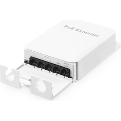 Outdoor PoE Passthrough Switch, 1 PoE in 4 PoE Out Extender, IEEE802.3af/at/bt PoE Powered 90W, 100Mbps Ethernet, Wall Mounting, Waterproof, Plug and Play