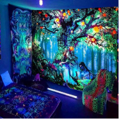 Simpkeely Fantasy Black Light Tree Tapestry with Forest Fairy, Nature and Magic Elf Motifs, Wall Hanging and Trippy UV-Reactive Tapestries for Bedroom - 180 cm x 300 cm