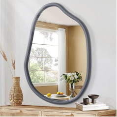 HLFMVWE Asymmetrical Accent Mirror for Wall, Large Irregular Wooden Frame, Modern Unique Wall Mirror, Decorative Bathroom, Living Room, Entrance, Hallway, Vanity Mirror, Grey, 65 x 45 cm