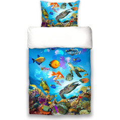 Schwanberg Bed Linen Under Water Blue Fish Turtles Coral Jellyfish Renforcé Soft Touch Size: 135 cm x 200 cm