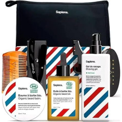 Sapiens BarberShop Beard Care Set for Men with Organic Beard Oil, Organic Beard Balm, Shaving Gel - Razor, Beard Brush, Beard Comb, Beard Stencil, Toiletry Bag