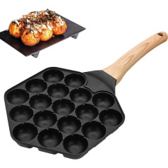 Takoyaki Pan, 18 Hole Takoyaki Maker, Universal for Induction and Gas Stoves, Wooden Handle, Hanging Handle, Non-Stick Pan, Anti-scald Design, Even Heat Conductivity