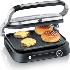 SEVERIN SEVINI PRO Contact Grill for Sandwiches, Steak and as Panini Grill, Non-Stick Sandwich Maker for Grease-free Grilling, with 7 Automatic Programmes, 1800 W, Black/Silver, KG 2395