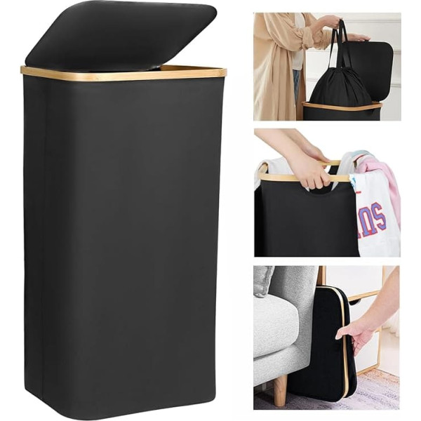Laundry Basket - 100 L Washable and Hygienic Large Laundry Hamper Slim with Removable Laundry Bag Laundry Basket with Lid and Bamboo Rim - Laundry Boxes - Washing Basket (Black)