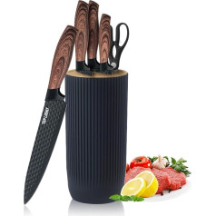 Knife Set with Knife Block Set, Round, 6-Piece Professional Kitchen Knife Set, Super Sharp Knife Set with Scissors and Ergonomic Handle, Non-Stick Stainless Steel Knife Block Set for Home, Restaurant,