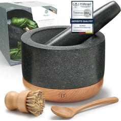 Diemker Premium Granite Mortar with Pestle, Diameter 14 cm, Removable Wooden Base, Wooden Spoon and Cleaning Brush in Set - Spice Mortar, Large, Moerser, Stone Moerser, Grill Accessories, Mortar,