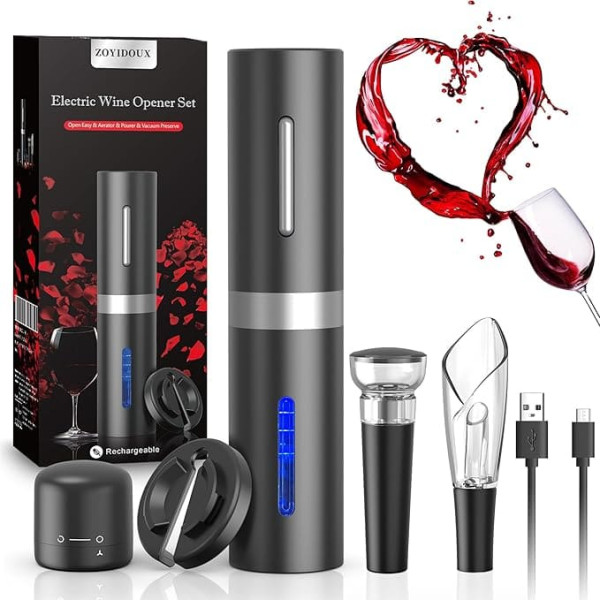 Rechargeable Electric Corkscrew, Electric Wine Opener 6 in 1 Set with Foil Cutter, Wine Cork, Pourer, Lockable Wine Cork, USB Charging Line