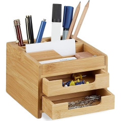 Relaxdays Bamboo Desk Organizer, Stationery Pen Holder, Office File Sorter with Drawer, HxWxD: 9.5 x 12.5 x 15 cm, Natural