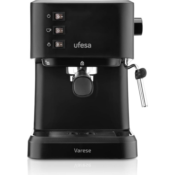Ufesa Varese Compact Espresso and Cappuccino Coffee Machine, 1050 W, Swivel Steam Outlet, 20 Bar Pressure, for 1 or 2 Coffees, 1.5 L Water Tank, Cup Warmer Function