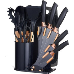 Kitchen Knife Set 19-in-1, Kitchen Utensils Set and Knife Set with Block, Include 11-PCS Silicone Cooking Utensils Set, 5 Pieces Sharp Stainless Steel Chef's Knife, Scissors and Chopping Board (Black)