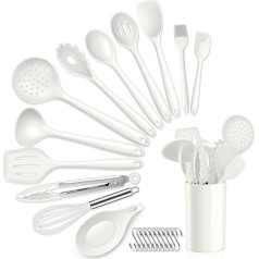 HaWare Silicone Kitchen Utensils Set, 13 Pieces White Cooking Utensils Set with Holder, Heat Resistant Kitchen Utensils Including Spatula, Spatula, Spoon, Non-Stick Cookware and