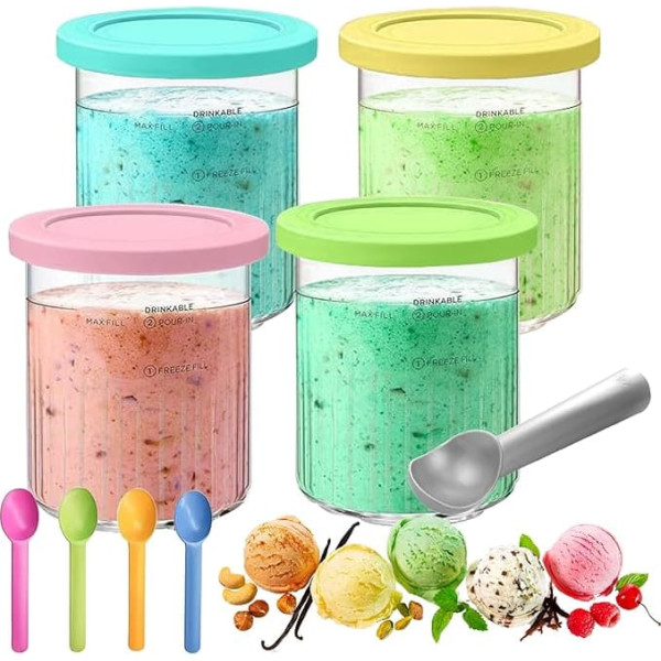 Pack of 4 Containers for Ninja Creami Deluxe, Ninja Creami Deluxe Container for NC500-501 with 5 Spoons Ice Maker for Replacement Containers Ninja Ice Maker Free Fits with Lid Ninja Ice Maker