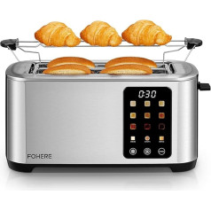 Toaster 4 Slices, Long Slot Toaster, 1400 W Stainless Steel Toaster, 9 Colour Settings and 3 Breads, Cancell/Defrost/Reheat Function, Touchscreen Control, with Bun Attachment