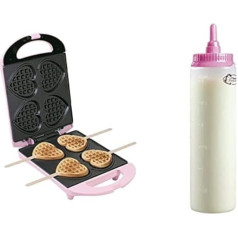 Bestron Waffle iron for heart waffles on a stick, including dough scoop for 700 ml with scale, ideal for filling the waffle iron, colour: pink, dough bottle: white