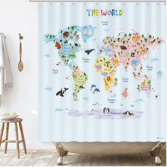 BASHOM BSC-615 Animal World Map Shower Curtain Set for Children Waterproof Washable Decorative Bathroom 180 cm x 180 cm (71 Inches x 71 Inches) Polyester Fabric with 12 Hooks Colourful Educational