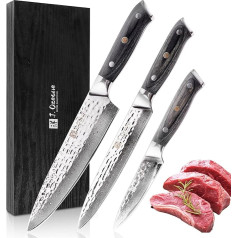 J.OZEANE Set of 3 Damascus Knives with 8-17 cm Blades Made from 67 Layers of Genuine Damascus Steel with Pakka Wood Handle in Wooden Box I Premium Damask Kitchen Knife Set & Professional Chef's Knife