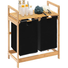 YOUDENOVA Laundry Basket Made of Bamboo Frame with Shelves, Laundry Hamper with 2 Extendable Laundry Bags for Bedroom, Bathroom or Laundry Room, 73 x 64 x 33 cm, Black