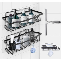 absolove Shower Shelf without Drilling, 3-Piece Bathroom Organiser Set, Rustproof Shower Shelf No Drilling with 1 Shower Squeegee and 24 Hooks for Bathroom Kitchen