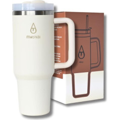 Motivai® Tumbler - 40 oz - Thermal Mug with Handle and Straw - Stainless Steel Mug - Travel Cup - Mug to Go - Drinking Cup to Go - Thermos Flask - (Cream)