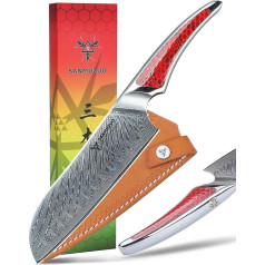 SANMUZUO 17.5 cm Santoku Knife, Chef's Knife Made of Japanese VG-10 Damascus Steel, Ultra Sharp Kitchen Knife with Ergonomic Handle Made of Red Resin, LA-S9 Series