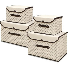 LEcylankEr Storage Box with Lid, Fabric, Pack of 4, Foldable Storage Boxes for Wardrobe, Clothes, Toys, Books, Cosmetics (Beige Check)