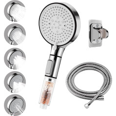ERMWALR Hard Water Shower Head, Saving Ion Filter High Pressure Handheld Shower with 5 Spray Modes and On/Off Stop Button Only for Non-Electric Showers (Silver)