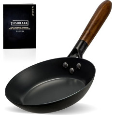 YOSUKATA Carbon Steel Frying Pan, Robust 20 cm Frying Pan, Coating-Free Carbon Steel Pan, Carbon Steel Pans with Removable Handle, Heat-Resistant Wooden Handle, Pan for All Hob Types