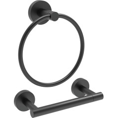 WZRUA Toilet Roll Holder and Towel Ring Wall Mounted Stainless Steel Toilet Roll Holder and Towel Holder for Bathroom and Toilet, Black, Pack of 2
