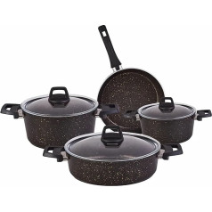 Karaca Biogranit Cookware Set, Black/Gold, 7-Piece Cookware Set, Non-Stick Coating, Pot Pan Set with Glass Lids, Induction, Dishwasher-Safe, Granite