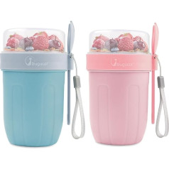 Bugucat Cereal Cup to Go 660 ml + 260 ml, 2-in-1 Yoghurt Cup to Go Cup with Spoon, Leak-Proof Lunch Pot, Cereal Box, On the Go Cereal Bowl Yoghurt to Go for Picnic, Blue + Pink