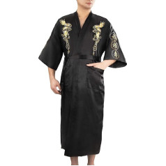 Bon amixyl Men's Dressing Gown Gown Dragon Embroidered Satin Silk Bathrobe Kimono Yukata Hakma Vintage