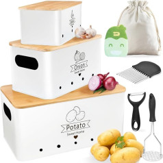 YIYADI Potato Storage Box Set of 3, Potato Pot, Onion Pot and Garlic Pot, Onion Storage, Large Metal Storage Container, Potato Storage Jars Set for Keeps Vegetables Fresh for Longer