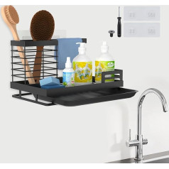 Oneyus Sink Organiser, Sink Organiser SUS304 Stainless Steel Sink Organiser, Black Sink Organiser, Hanging Sponge Holder, Sink with Drain Tray and 2 Adhesive Surfaces for Kitchen, Bathroom