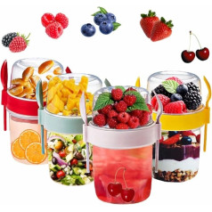 Set of 4 Yoghurt Cups Pots Cereal Cups Reusable 1100 ml Overnight Oat Container with Spoon Fork BPA Free on the Go Dishwasher Safe Oatmeal (Set of 4 (Red, Pink, Grey, Yellow)