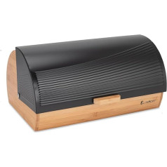 EliteHoff Bread Bin Bamboo Metal Bamboo with Roll Lid – Bread Container Black – Bread Box with Lid for Baked Goods, Bread Storage Box Stainless Steel for Bread, Rolls Approx. 39 x 26 x 19 cm
