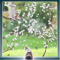 ANHUIB Spring Decorative Window Sticker, White Flowers Window Sticker, Tree Flowers Wall Sticker for Living Room, Spring Window Decoration, Birds Butterflies Window Picture, Plants Wall Sticker for