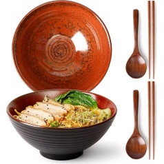NUTRIUPS Ramen Bowl Set of 2 (6 Pieces) 1200 ml Ceramic Ramen Bowl with Spoon and Chopsticks, Japanese Soup Bowl 20 cm Ramen Bowl (Red)