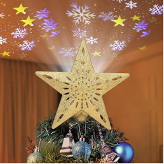 Christmas Tree Topper Star Gold, Diealles Shine Christmas Tree Topper with Dynamic LED Snow Projector, Glittering Christmas Tree Topper Star, Illuminated Star for Christmas Tree Decorations (24 x 26