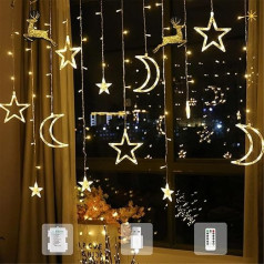 Woukksy LED Fairy Lights for Christmas Decoration 2024 3.5 m Star Moon Light Curtain Battery/USB with Timer, Christmas Lighting Window Indoor Outdoor for Balcony, Party, Children's Room, Halloween