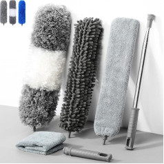 Duster, Telescopic Washable, Duster, Telescopic Rod and Bendable Corner Brush, Duster Microfibre Stainless Steel (Grey + White, 6)