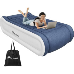 YITAHOME 2 x 1 m Deluxe Air Mattress Self-Inflating, Air Bed with Integrated Cushion & Built-in Electric Pump, Inflatable Mattress with Transport Bag for Guests, Home Use, Blue & White